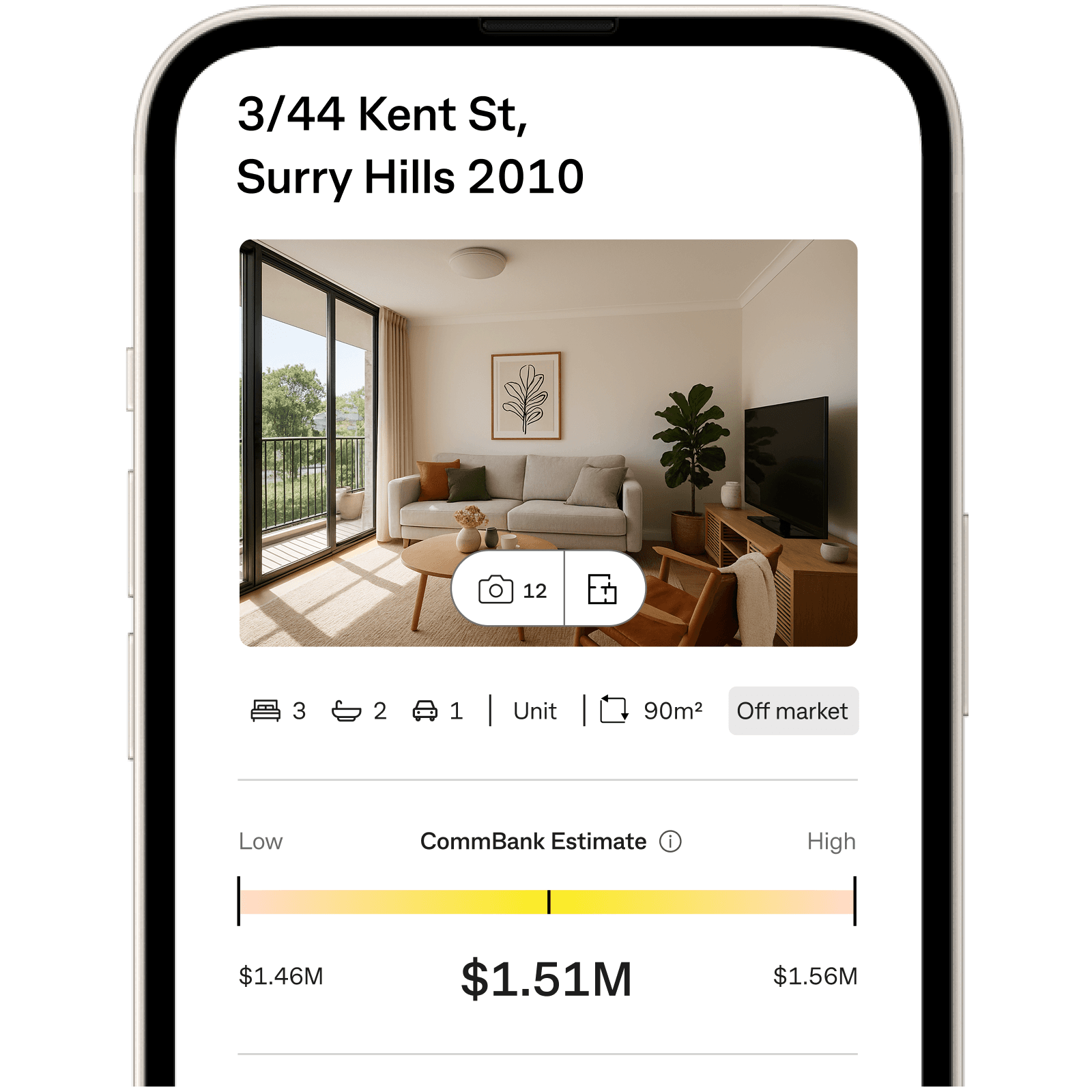 Photo of a smartphone displaying details about a Surry Hills property on the CBA app