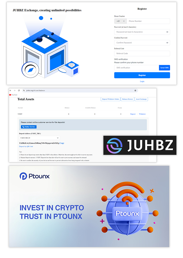 Scam examples: "JUHBC Exchange, creating unlimited possibilities" and "invest in crypto, trust in Ptounx"